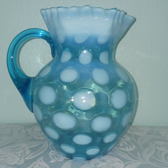 Vintage Fenton Blue Opalescent Coin Spot Pitcher - Picture 2 of 7